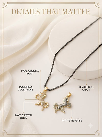 Noire Stallion Pendant detail: pave crystal body, polished gold mane, pyrite reverse and black box chain