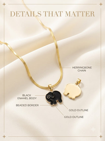 Mithra Elephant Pendant detail: black enamel body, beaded border, gold outline and herringbone chain