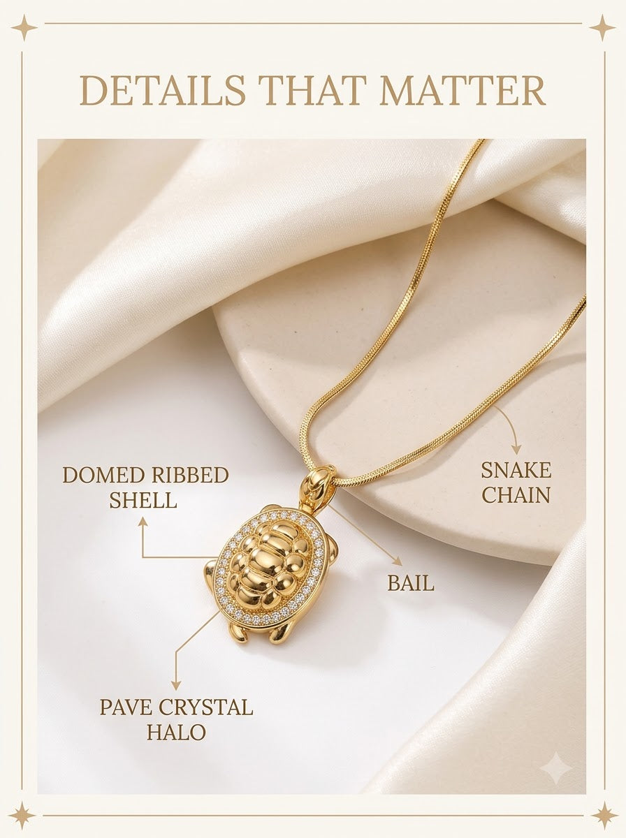 Kavelle Turtle Pendant detail: domed ribbed shell, pave crystal halo, bail and snake chain