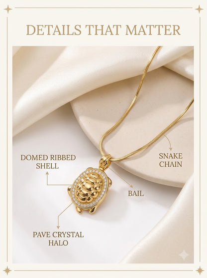 Kavelle Turtle Pendant detail: domed ribbed shell, pave crystal halo, bail and snake chain