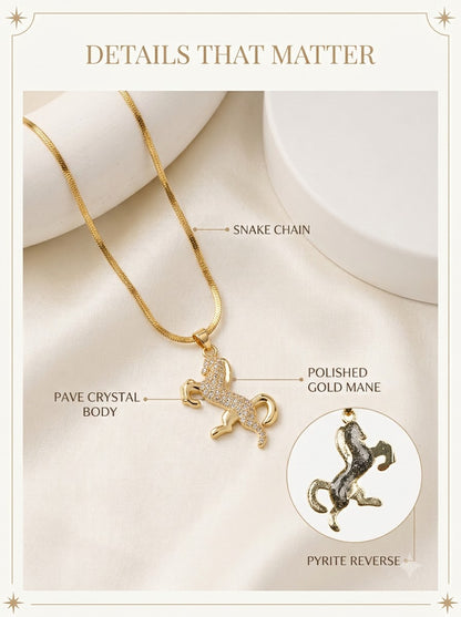 Equara Stallion Pendant detail: pave crystal body, polished gold mane, pyrite reverse and snake chain