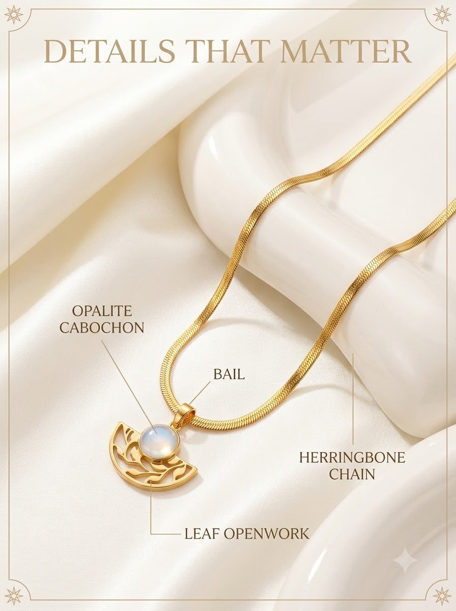 Opalia Fan Pendant detail: opalite cabochon, leaf openwork, bail and herringbone chain